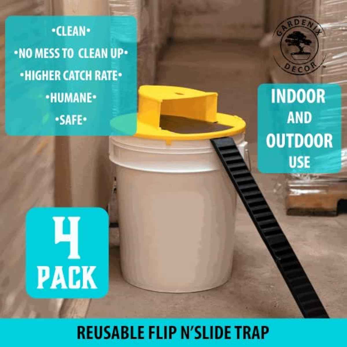 Mouse Trap Bucket- 5 Gallon Bucket Lid Mouse Rat Trap 4 Pack - Automatic Reset Flip and Slide Mouse Trap - Humane Mouse Rat Traps for Indoor Outdoor Use - Reusable Mouse Trap