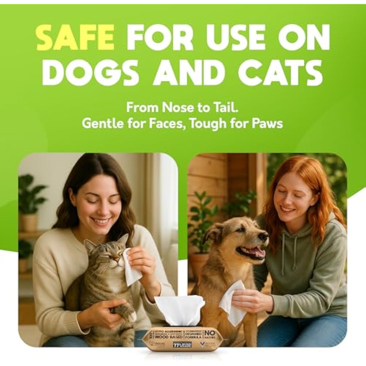 Lick-safe daily pet wipes for dogs and cats, vet-approved, hypoallergenic, unscented, earth-friendly, 100-count