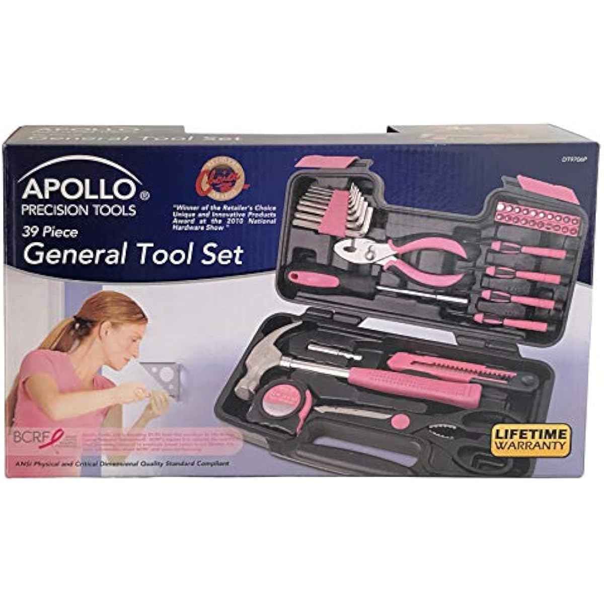 Apollo Tools Original 39 Piece General Household Tool Set in Toolbox Storage Case with Essential Hand Tools for Everyday Home Repairs, DIY and Crafts - Pink Ribbon - Pink - DT9706P