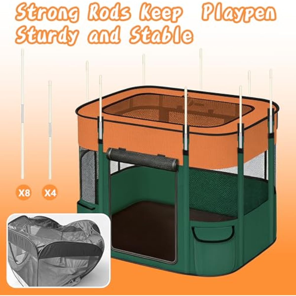 Portable Cat Playpen with Separate Areas, 2-in-1 Puppy Playpen & Cats Cage, Foldable Pet Tent for Indoor and Outdoor Use, Collapsible Tent Kennel Cage House(35.4"x27.6"x27.6", Orange & Green)