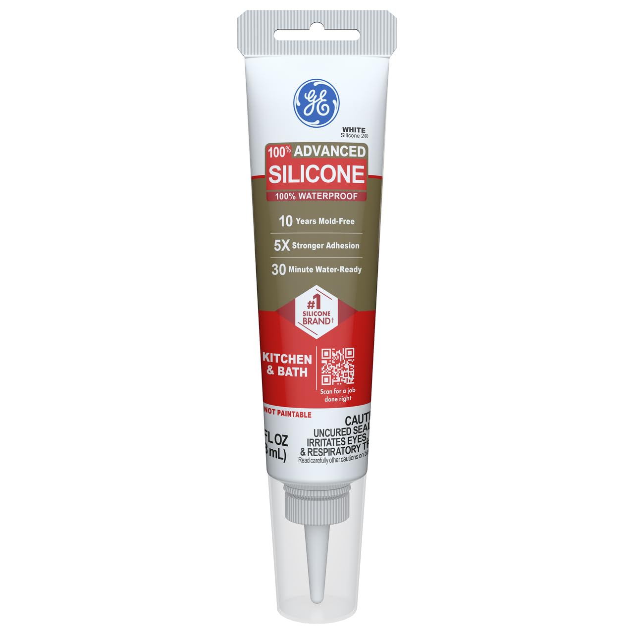 GE Advanced Silicone Caulk for Kitchen & Bathroom, White, 2.8 fl oz Tube, 1 Pack - 100% Waterproof Silicone Sealant, 5X Stronger Adhesion, Shrink & Crack Proof
