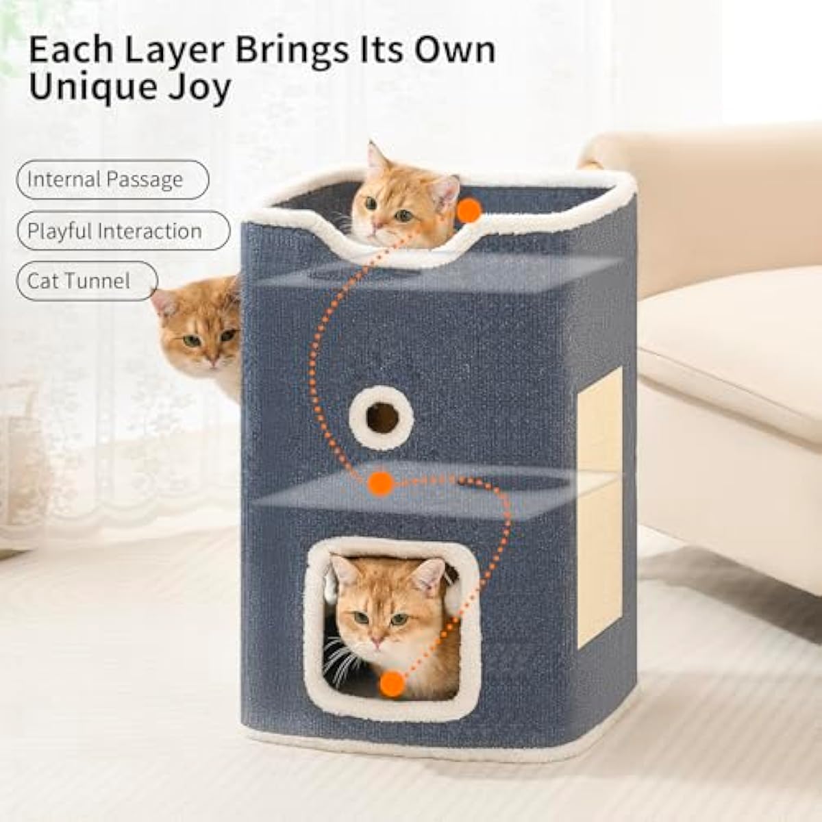 Cat House, 2-Story Cat Condo Cube with Scratch Pad, Fluffy Ball, and Multi-Level Hideout for Multiple Cats