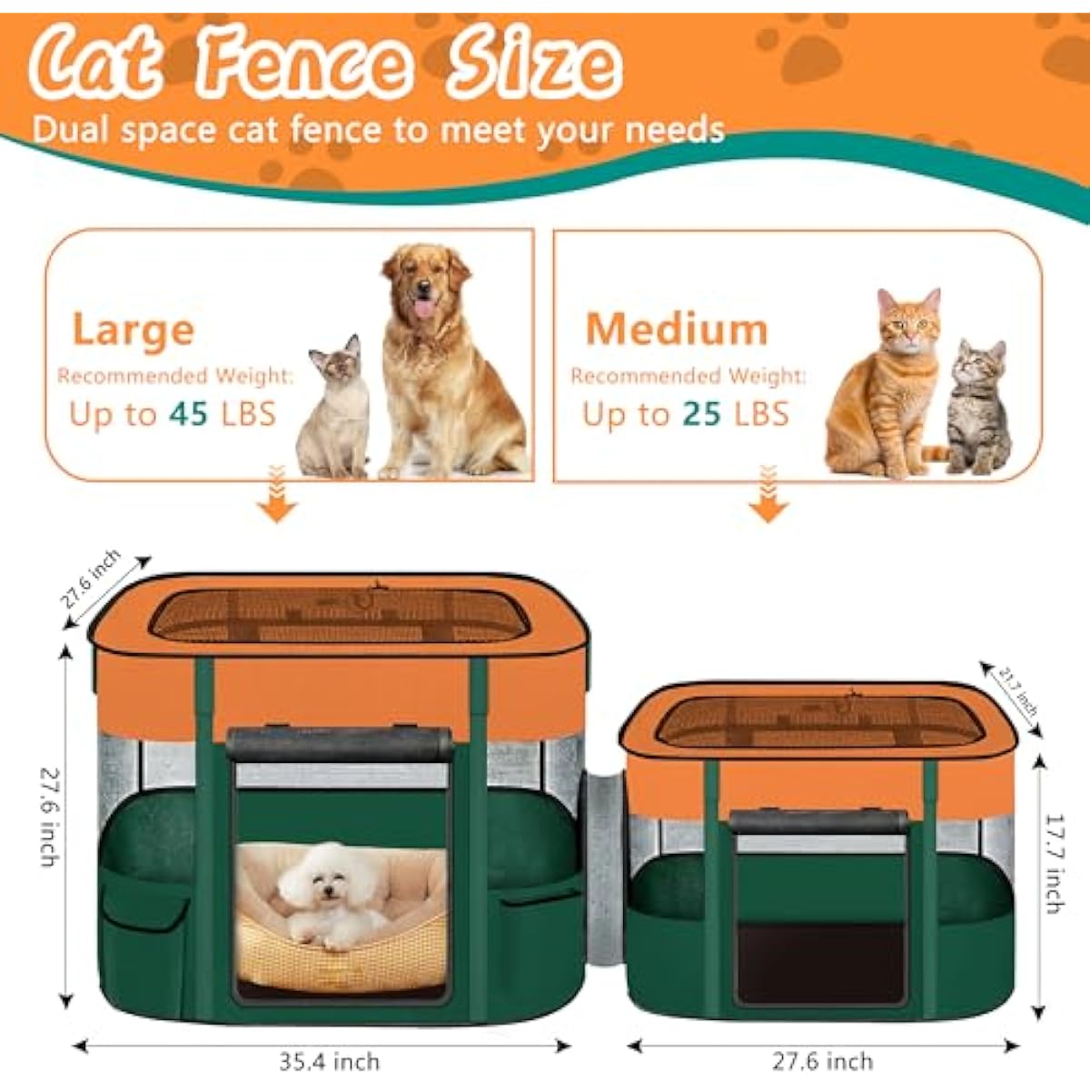 Portable Cat Playpen with Separate Areas, 2-in-1 Puppy Playpen & Cats Cage, Foldable Pet Tent for Indoor and Outdoor Use, Collapsible Tent Kennel Cage House(35.4"x27.6"x27.6", Orange & Green)