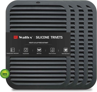 Walfos Silicone Trivet Mats - 4 Heat Resistant Pot Holders, Multipurpose Non-Slip Hot Pads for Kitchen Potholders, Hot Dishers, Jar Opener, Spoon Holder, Food Grade Silicone & BPA Free (Black)