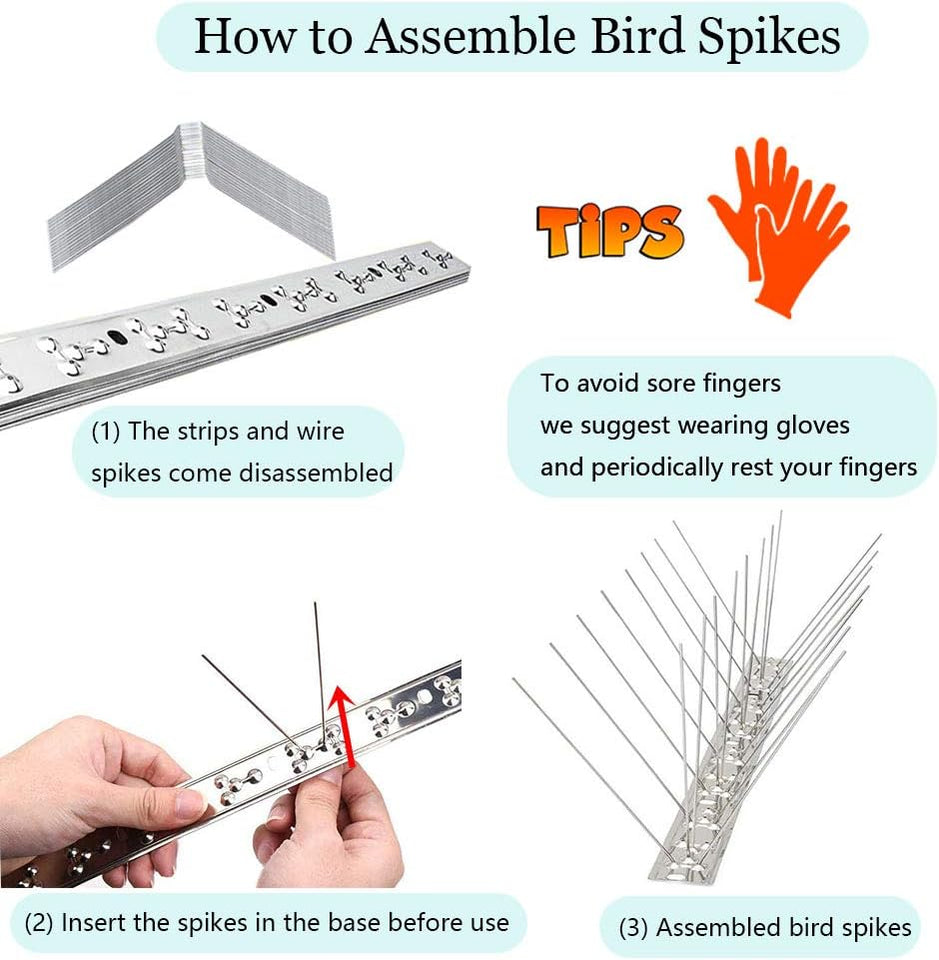 PANGCH Bird Spikes,Stainless Steel Bird Spikes Metal Bird Spikes Fence Spikes Easy to Install - 5 Strips 4.1 Feet Coverage