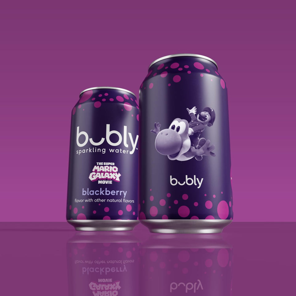 bubly Sparkling Water, The Super Mario Galaxy Movie Blackberry, Zero Sugar & Zero Calories, 12 Fl Oz Cans (Pack of 8), Packaging May Vary