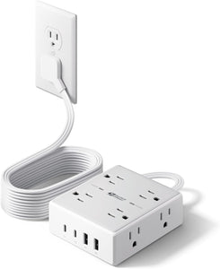 10Ft Extension Cord with Multiple Outlets, Flat Plug Surge Protector Power Strip 10 Ft Long Cord, 8 Outlets & 4 USB Ports (2 USB C), Desk Charging Station for Home Office, College Dorm Room Essentials