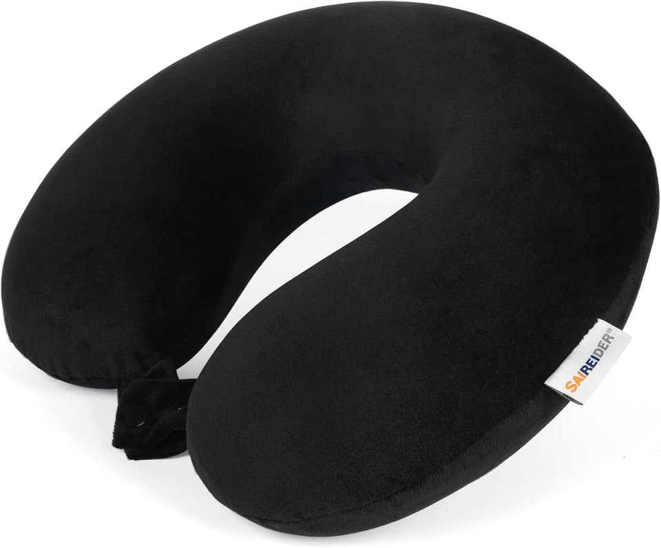 SAIREIDER Travel Pillow 100% PLre Memory Foam Travel Neck Pillow, Airplane Pillow for Traveling、Car、Home、Office，Washable Cover（Black）