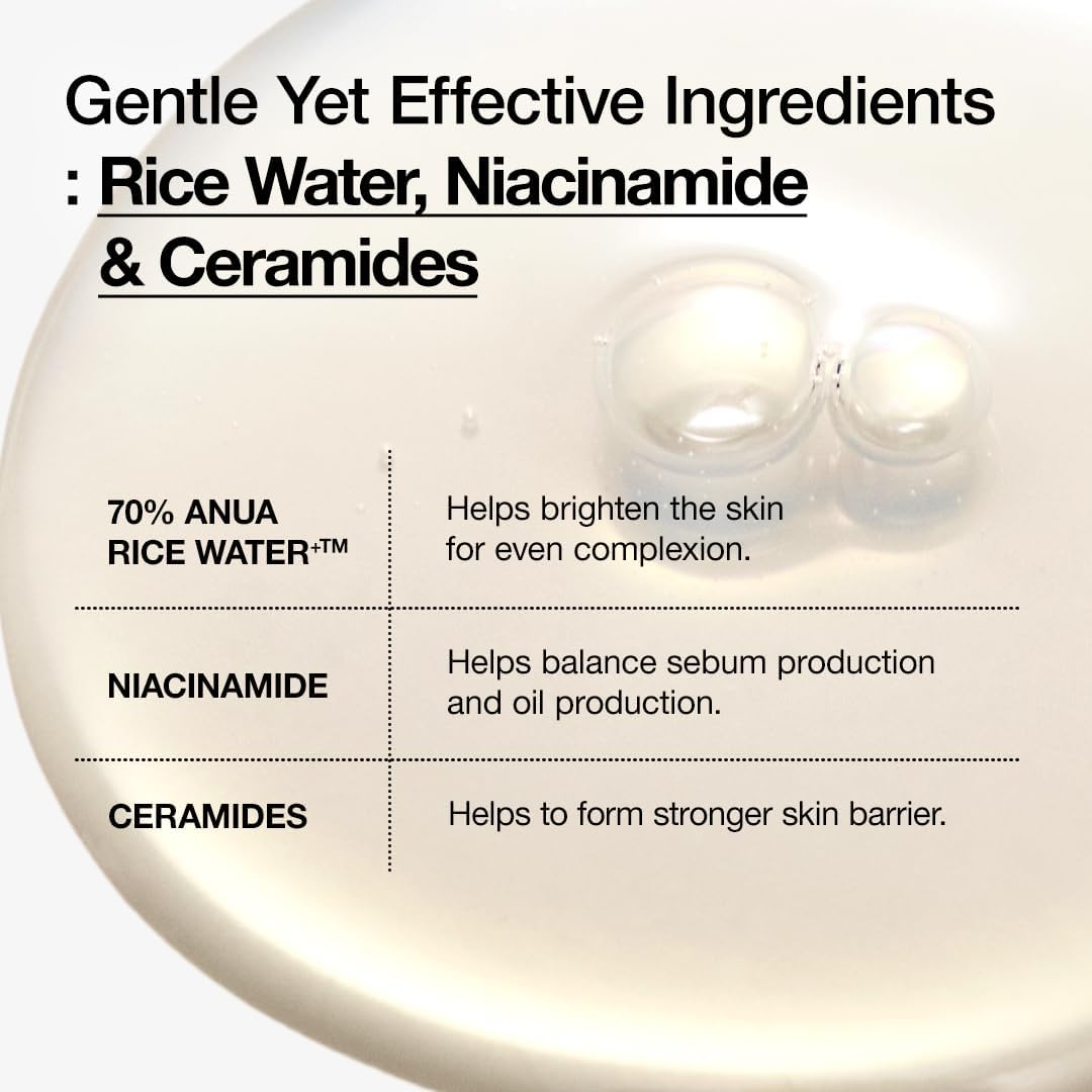 Anua Rice 70 Glow Milky Toner, Glass & Dewy Skin, Hydrating & Barrier Care, Rice Water, Niacinamide, Ceramides, All Skin Types, Fragrance-Free, Non Comedogenic, Korean Skincare, 8.45 fl.oz.