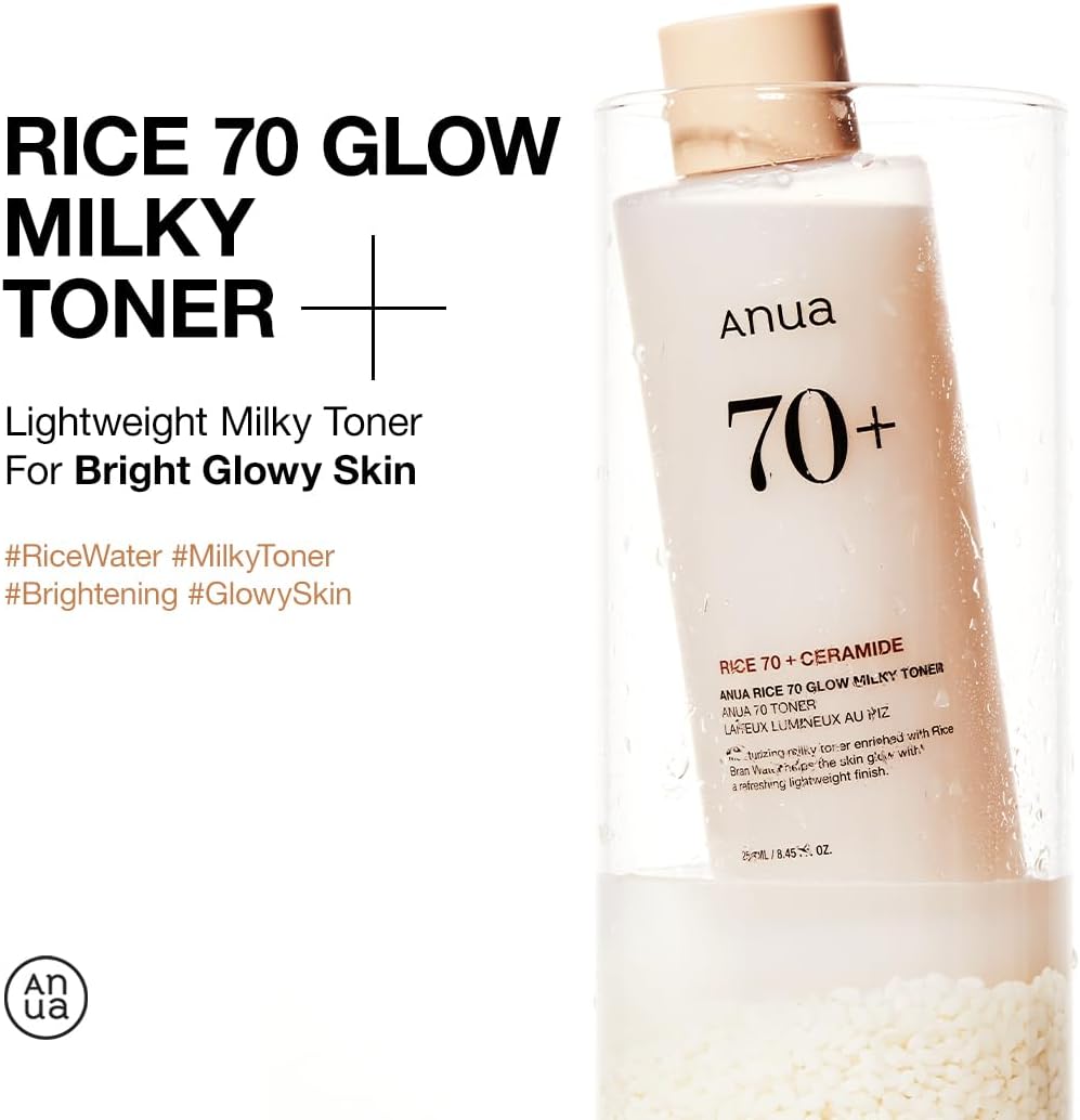 Anua Rice 70 Glow Milky Toner, Glass & Dewy Skin, Hydrating & Barrier Care, Rice Water, Niacinamide, Ceramides, All Skin Types, Fragrance-Free, Non Comedogenic, Korean Skincare, 8.45 fl.oz.
