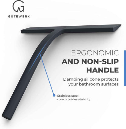 GÜTEWERK Shower Squeegee for Glass Doors, Silicone Window Squeegee, Bathroom and Glass Cleaning - Black - 9 Inch