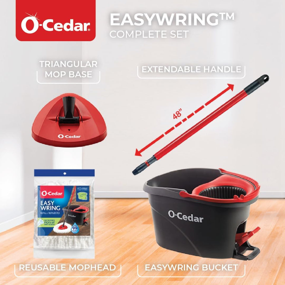 O-Cedar EasyWring Microfiber Spin Mop, Bucket Floor Cleaning System, Red, Gray, Standard - PureLivingMart