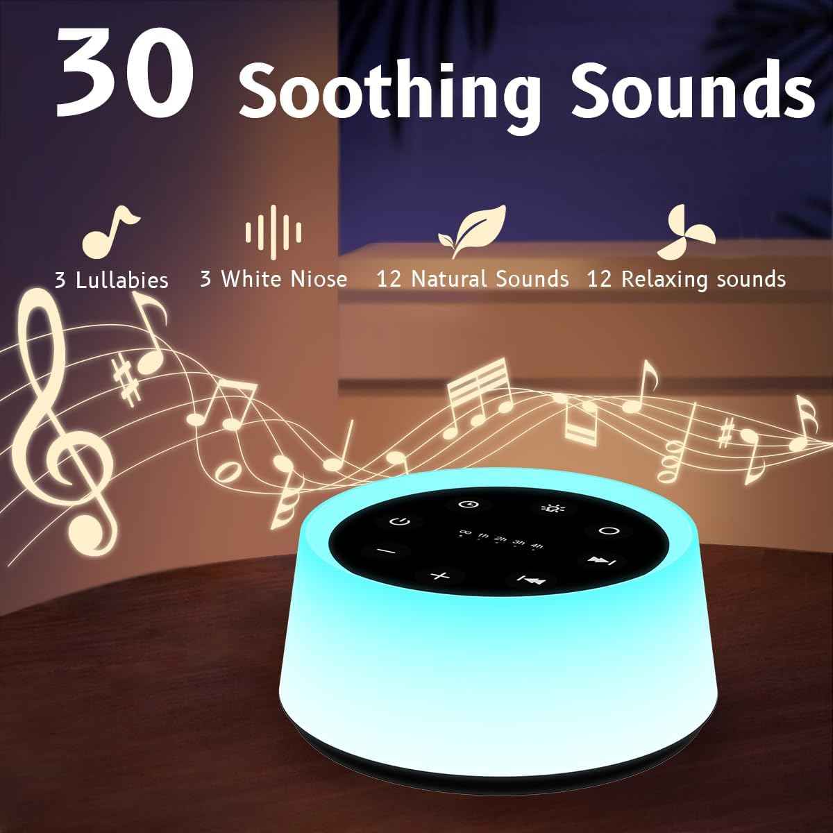 ColorsNoise Sound Machine and White Noise Machine with 30 Soothing Sounds with 12 Colors Baby Night Light with Memory Function (Black)