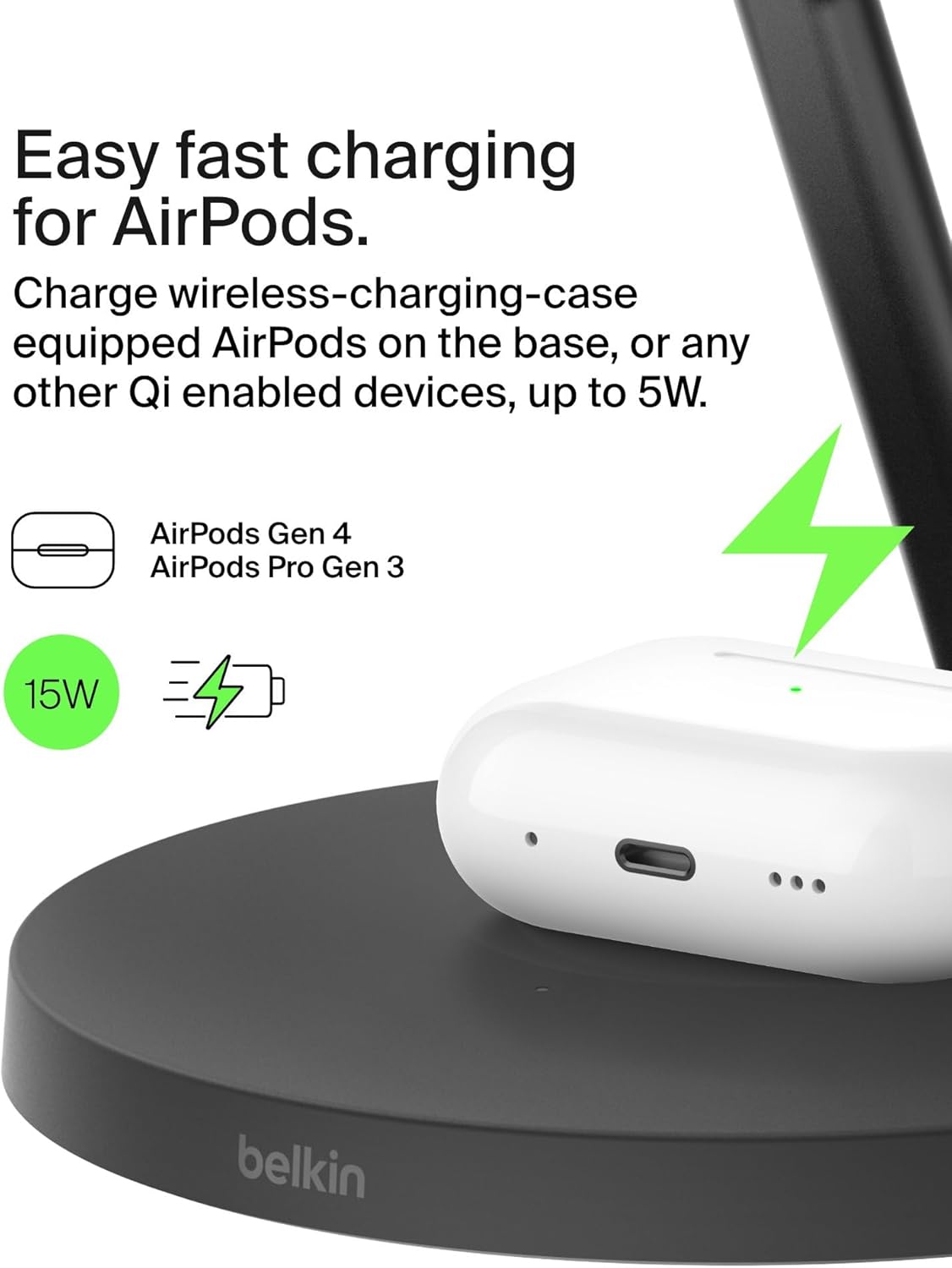 Belkin MagSafe-Compatible iPhone Charger, 3-in-1 Wireless Charging Station, Qi2-Certified 15W Wireless Charge for Apple iPhone 17 Series, Apple Watch, AirPods w/Non-Slip Base, 40W Included - Black