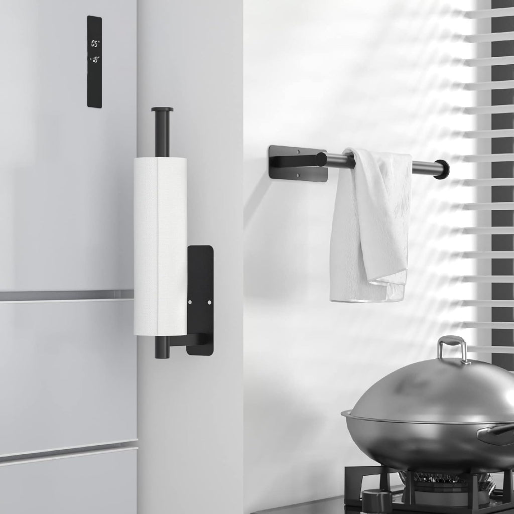 ASTOFLI Paper Towel Holder Under Cabinet No Drilling, Self Adhesive Paper Towel Holder Wall Mount for Kitchen Rack, Under Counter Napin Holder No Drill, 304 Stainless Steel Matte Black