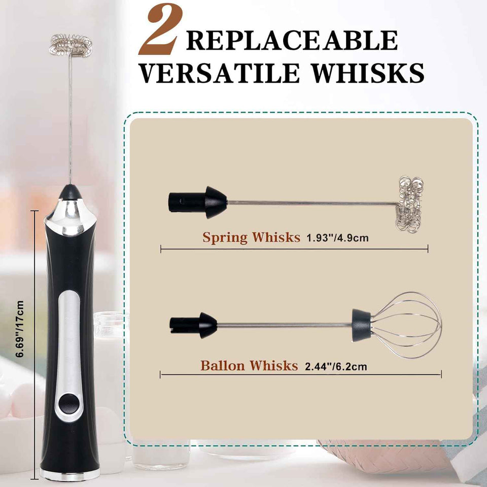 Rechargeable Handheld Milk Frother, 3-Speed, Electric Coffee Frother with 2 Whisk Heads, Stand, and USB Charging
