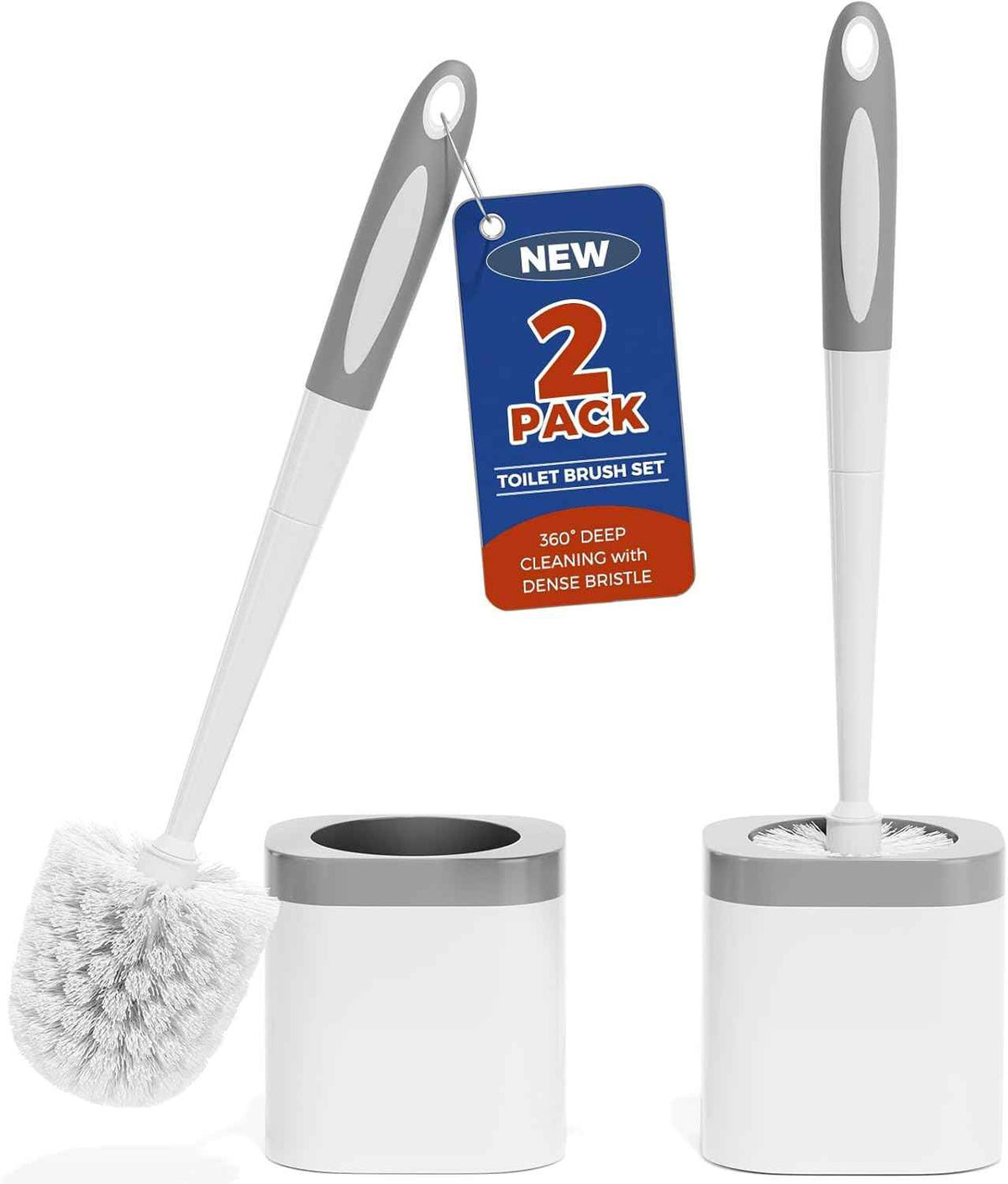 2-Pack Bathroom Toilet Brush Set with Holder, White - Durable Cleaning Bristles for Toilet Bowl