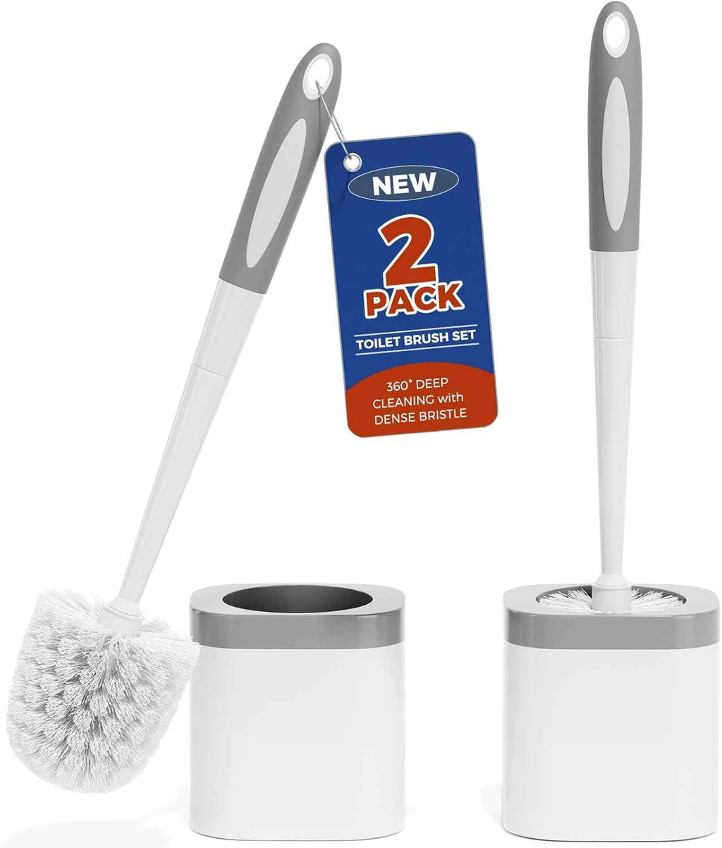 2-pack white durable toilet brush set with holder, nylon bristles for toilet bowl cleaning