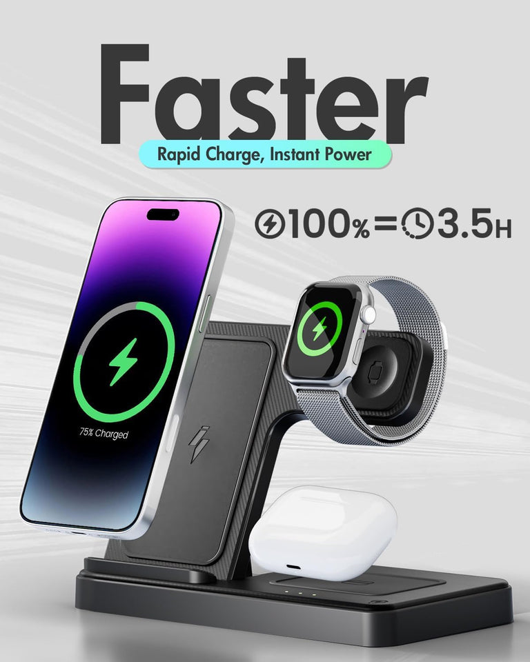 Wireless Charger iPhone Charging Station: 3 in 1 Charger Stand Multiple Devices for Apple - iPhone 16e 16 15 14 Pro Max 13 12 11 - Watch 10 9 8 7 6 5 4 3 2 SE and Ultra Series - Airpods 4 3 2 Pro - PureLivingMart