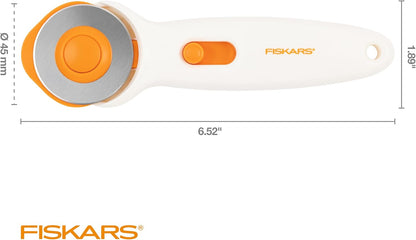 Fiskars 45mm Rotary Cutter for Fabric, Premium Steel Stick Fabric Cutter Cuts Through Multiple Layers, Right and Left Handed, Easy and Safe Blade Change, Arts and Crafts, Sewing and Quilting Tools
