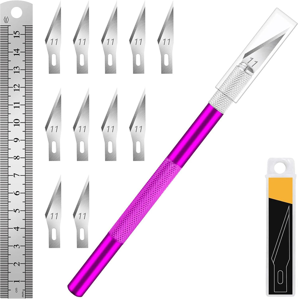 DIYSELF Craft Knife with 10 Extra #11 Blades, Precision Hobby Knife Set with Steel Ruler, Exacto Knife for Crafting, Polymer Clay, Pottery, Paper, Vinyl, Stencil & Model Making (PLrple)