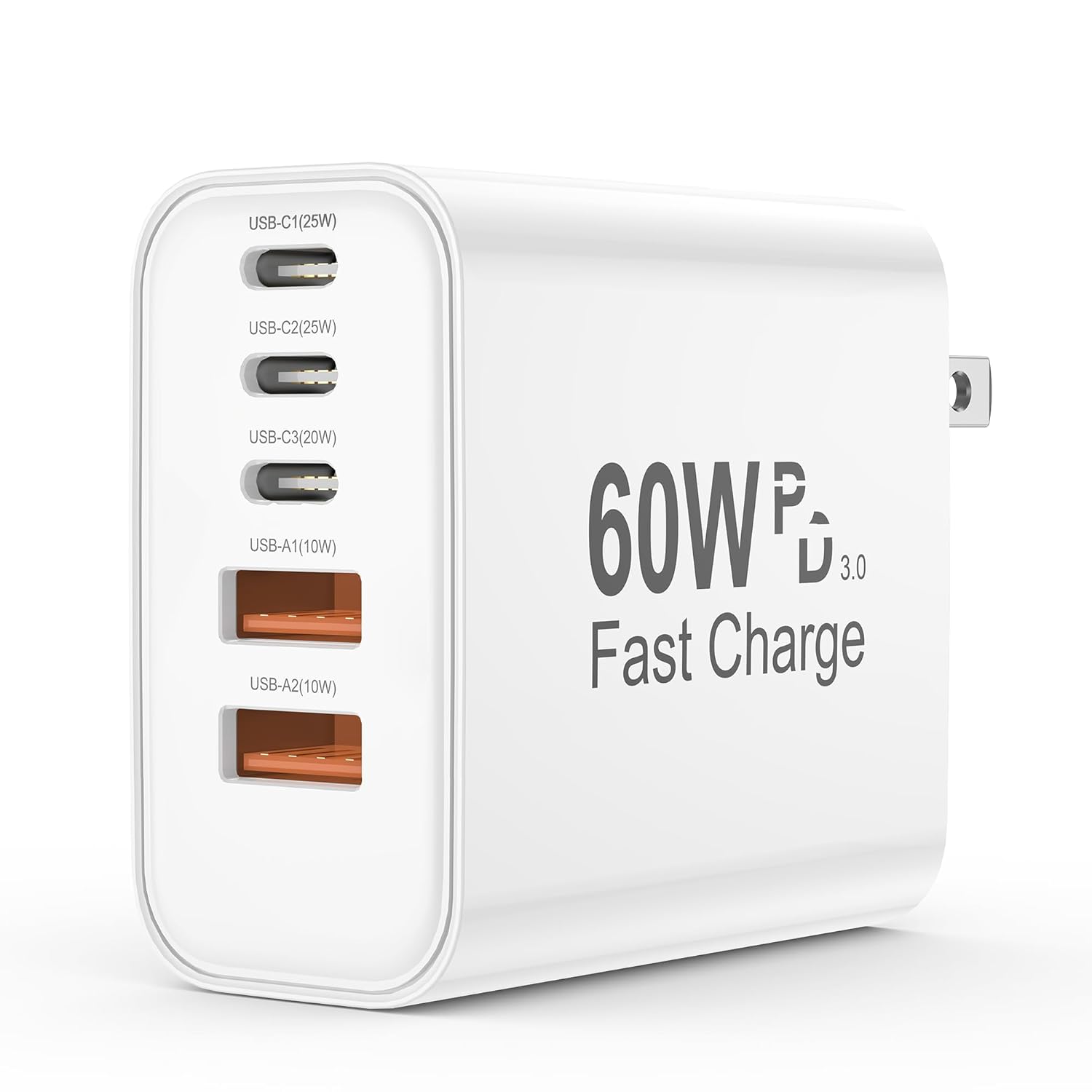 60W 5-in-1 USB-C charger block for iPhone, iPad, iPod, Samsung, and AirPods with PD 3.0 and QC 2A