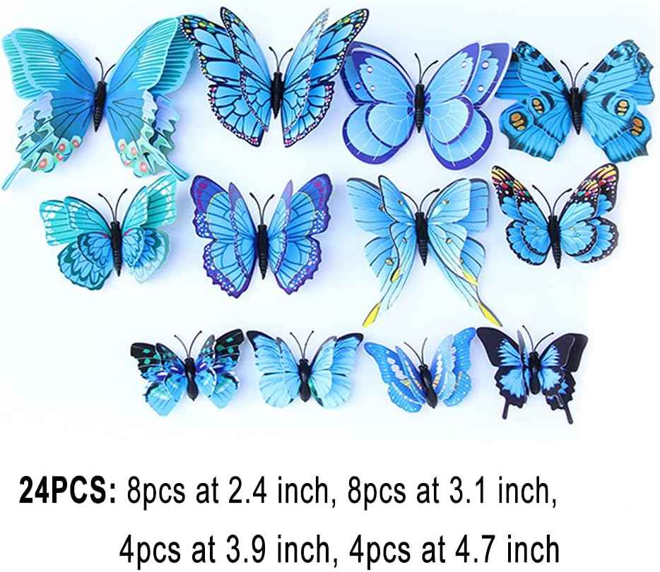 Butterflies Decoration, BOPART 24Pcs 3D Butterfly Decals Stickers for Party Decoration, Blue Butterflies Wall Decor Magnetic Butterfly for Crafts (12 Styles at 4 Sizes in Double Wings)