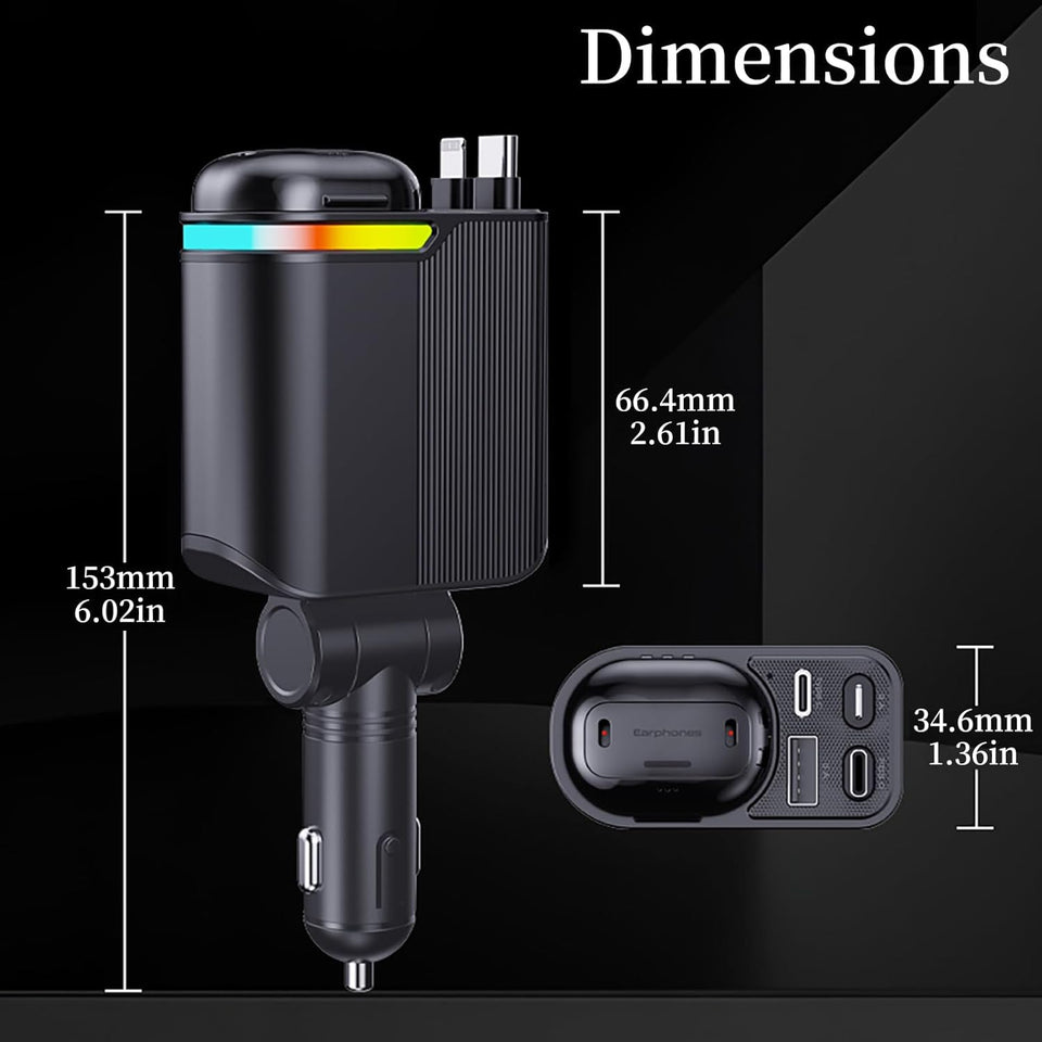 MLVOC 120W Fast Charging Car Charger with Earbuds, Retractable 4-in-1 USB-C & Lightning for iPhone & Android (Black) - PureLivingMart