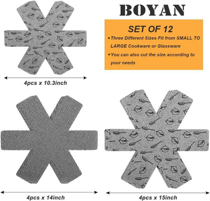 BOYAN Pot and Pan Protectors, Set of 12 and 3 Different Size, Cookware Protector Set/Felt Pots and Pans Divider Separator Pads Anti-Slip to Avoid Scratching or Marring When Stacking