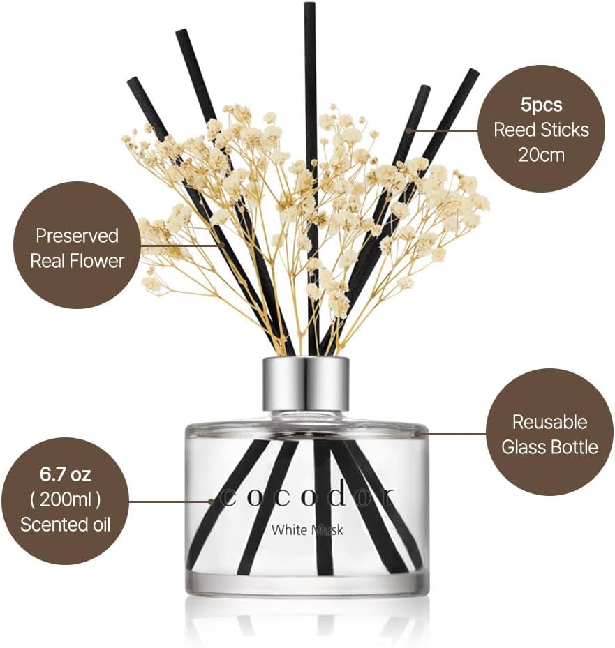COCODOR Flower Reed Diffuser Set / 6.7oz / White Jasmine/Scent Diffuser with Sticks Home Fragrance Reed Diffuser for Bathroom Shelf Decor