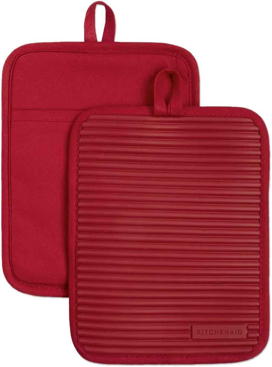 KitchenAid Ribbed Soft Silicone Pot Holder 2-Pack Set, Milkshake Tan, 7"x9"
