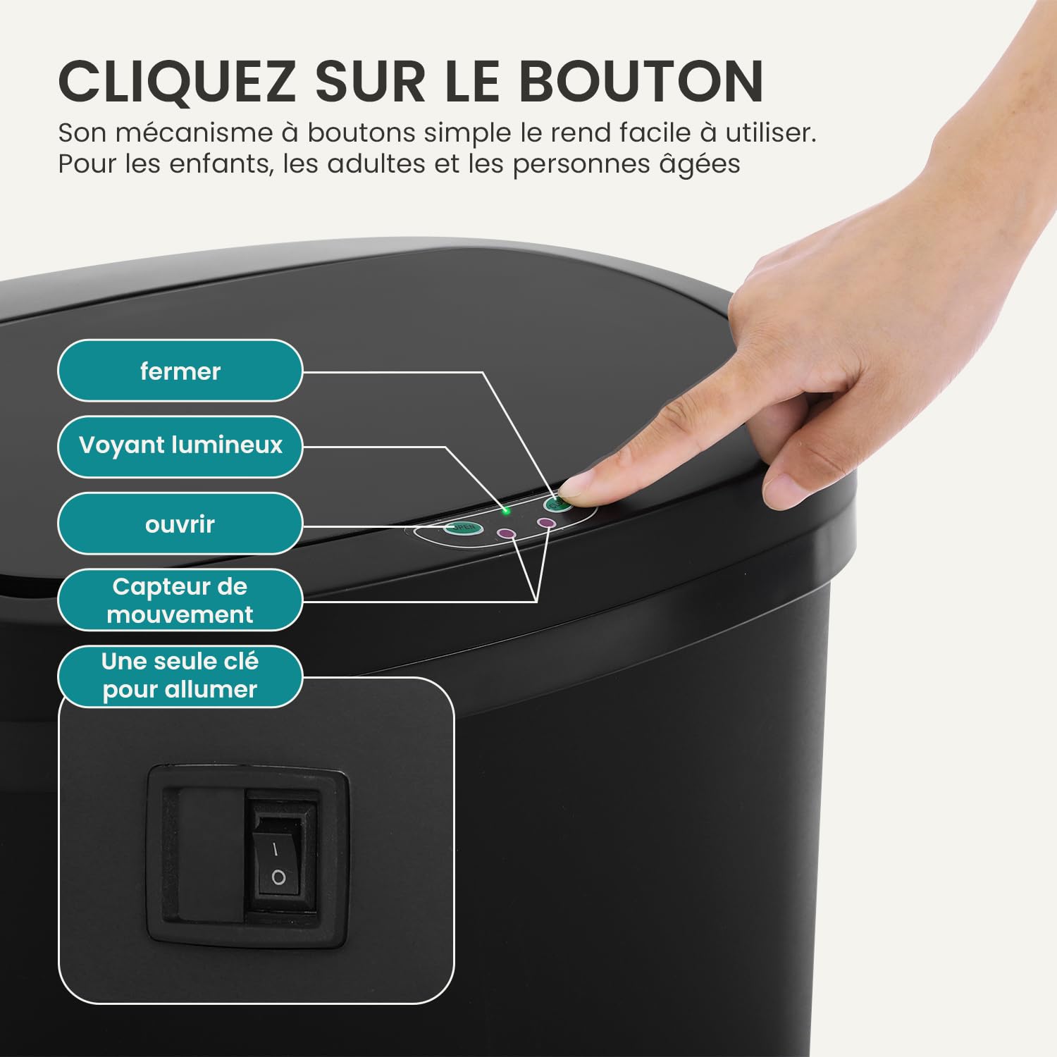 BestOffice | 13 Gallon Trash Can with Lid | Automatic Touchless Garbage Can | Odor Control | Modern Oval Design | Easy to Clean | Plastic | Black | Fits Any Kitchen, Bathroom, Office or Home