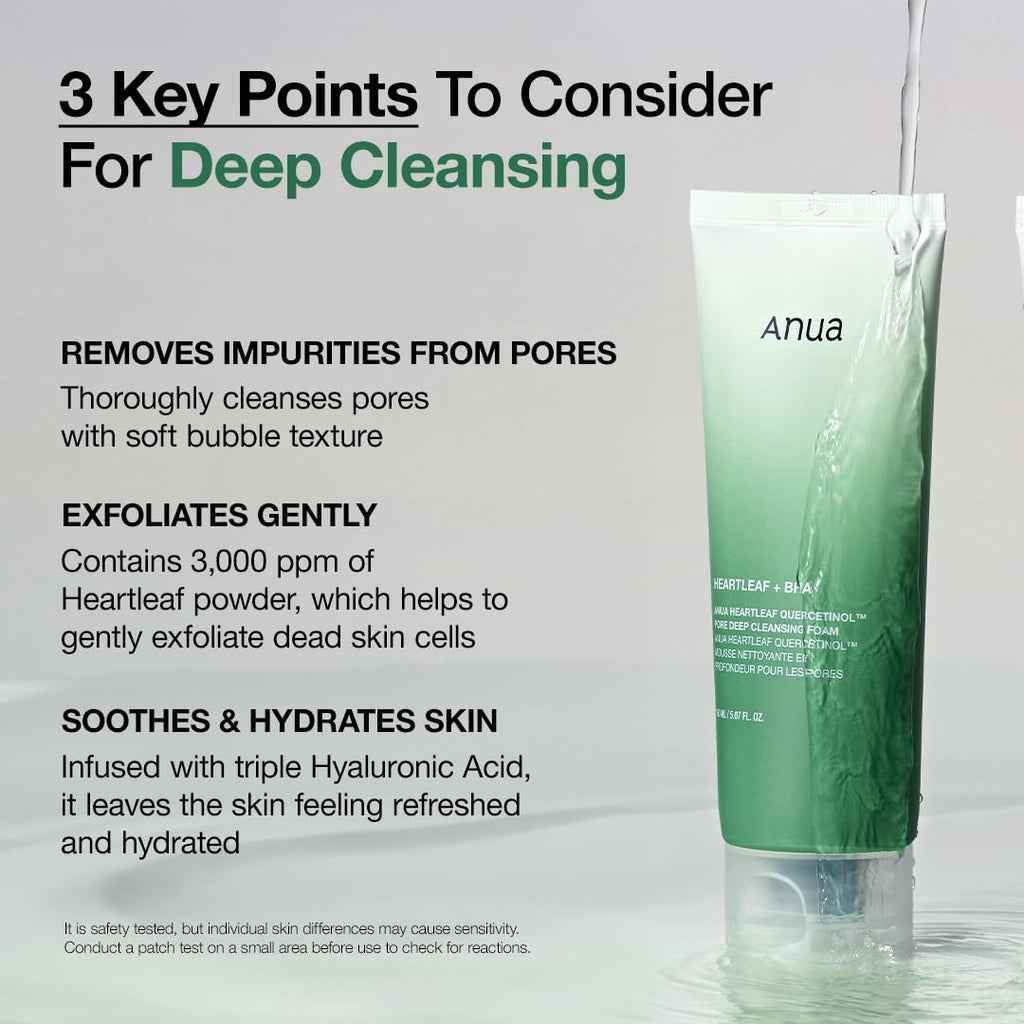 Anua Heartleaf Quercetinol Pore Deep Cleansing Foam, Face wash for Pore Refining Cleanser, Hydrating Daily Facial Cleanser For Double Cleansing, Gentle Foaming with BHA, Korean Skincare, 5.07 fl.oz.