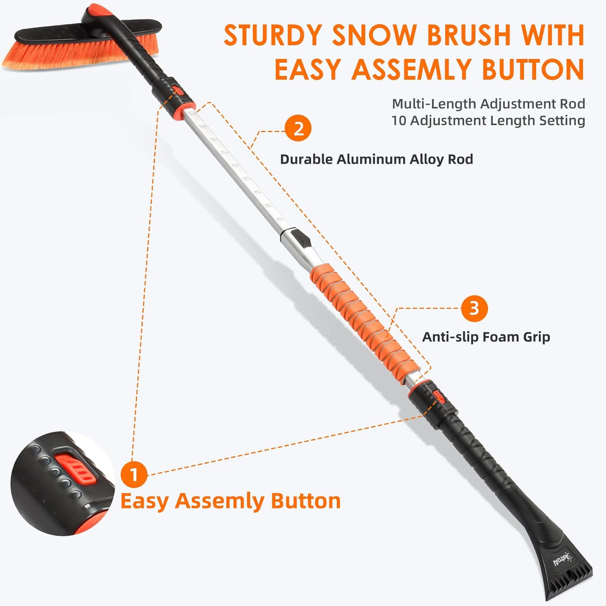 astroai 47.2 inch ice scraper with extendable snow brush and 360° pivoting head for cars and trucks (orange)