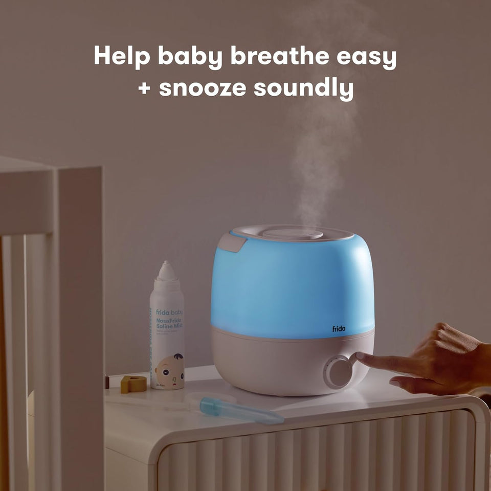 Frida Baby 3-in-1 Cool Mist Humidifier for Large Rooms, Top Fill Humidifier for Bedroom, Allergy Relief, 60 Hour Runtime + Nightlight, Auto Shut-Off, Quiet, Carry Handle, Essential Oil Diffuser