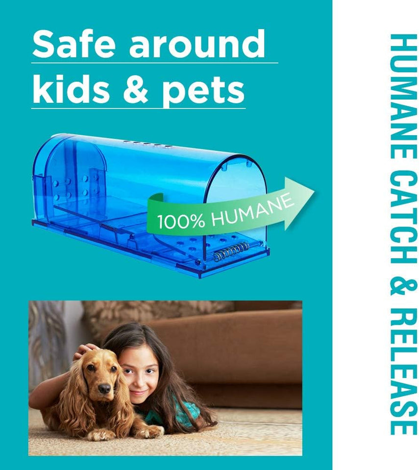 Blinc [2-Pack] Humane Mouse Trap - Catch and Release No-Kill Rodent Traps for Indoors & Outdoors - Safe for Children & Pets - Reusable Mouse Catcher for Kitchen, Pantry & Garage (Transparent Blue)