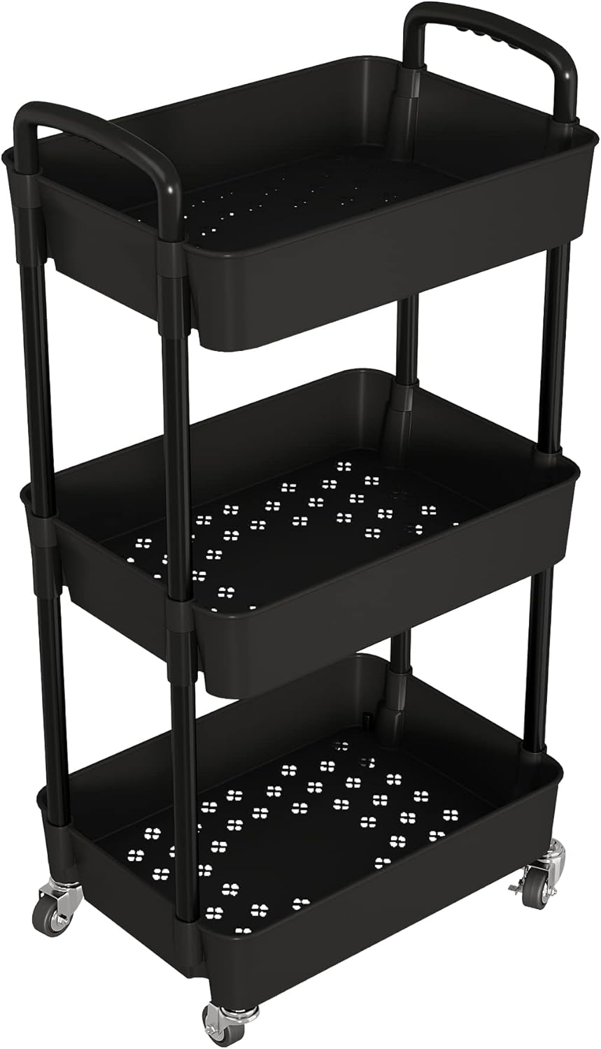 Laiensia 3-Tier Storage Carts,Multifunction Utility Rolling Cart Kitchen Storage Organizer,Mobile Shelving Unit Cart with Lockable Wheels for Bathroom,Laundry,Living Room,With Classified Sticker,Black