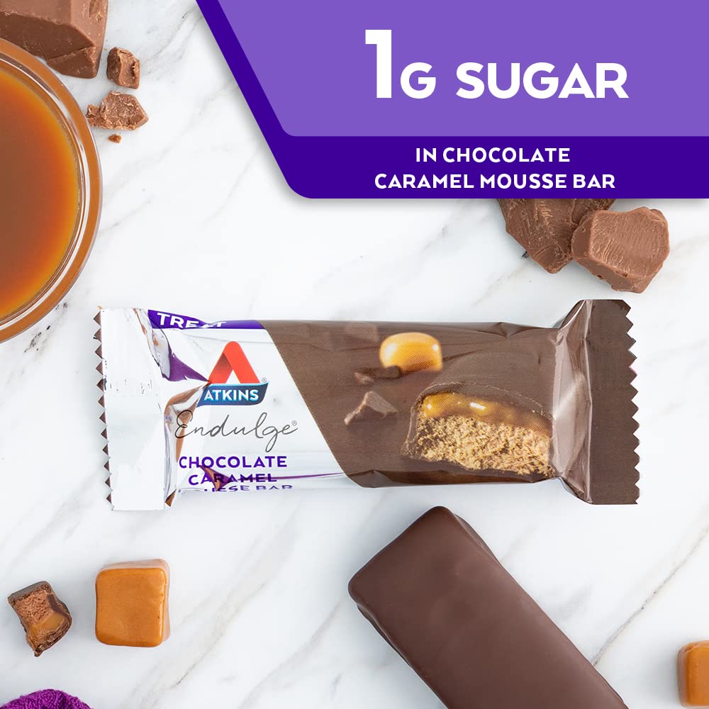 atkins endulge chocolate caramel mousse dessert bar, 5-count 1g sugar high in fiber