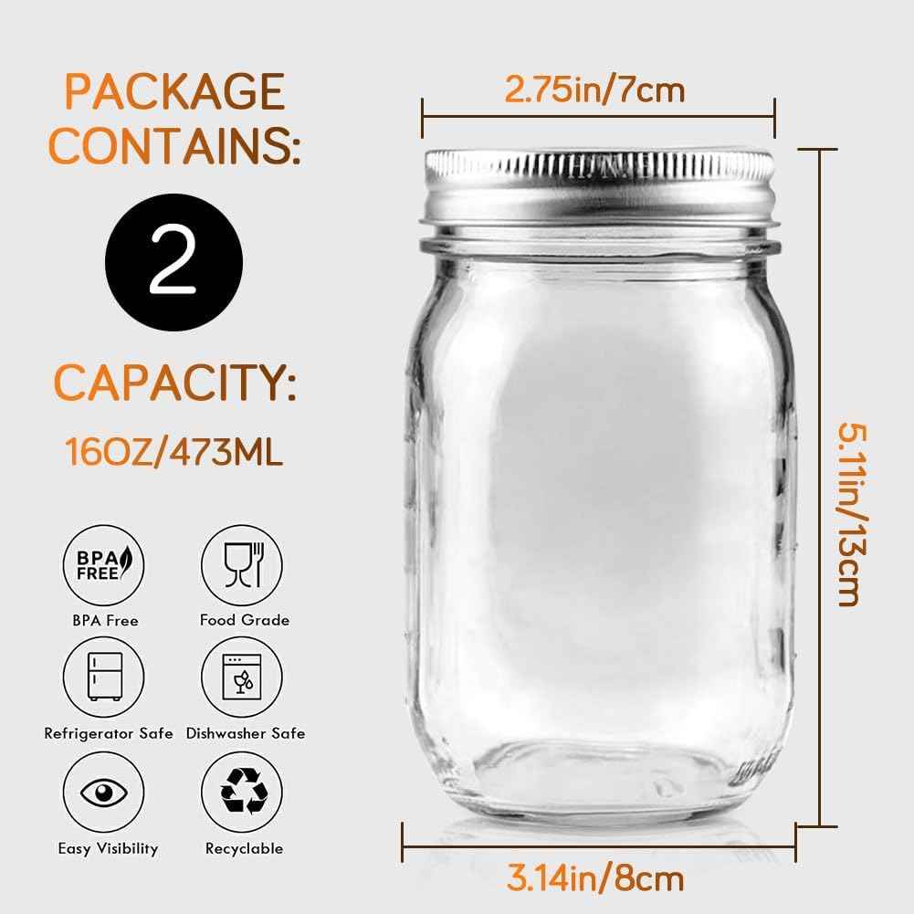 2 Pack Regular Mouth Mason Jars 16oz Glass Canning Jars with Airtight Lids