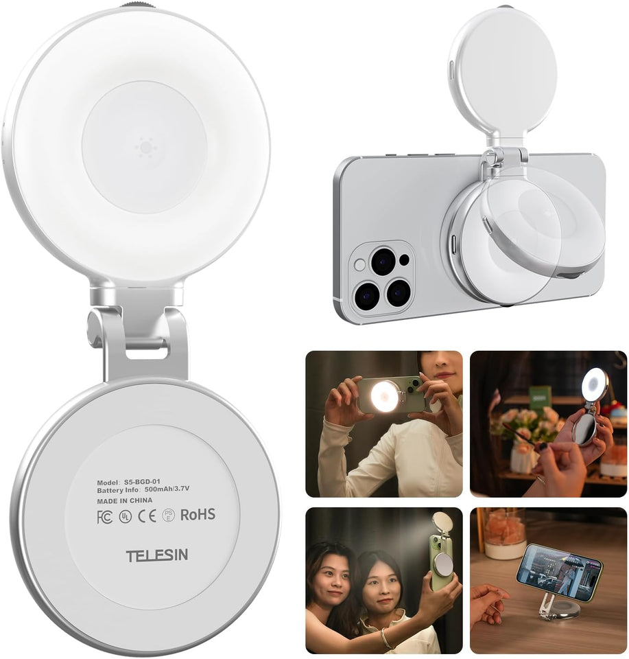 Magnetic Selfie Ring Light with Makeup Mirror – 360° Rotating Fill Light for iPhone MagSafe & Android, CRI97 Professional Photography Light for TikTok and Video Calls