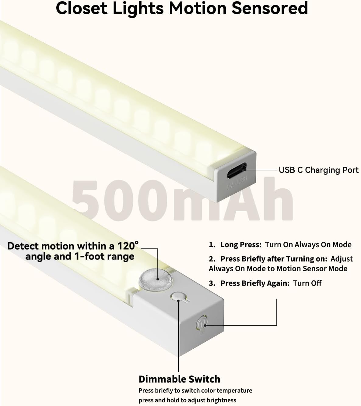 Under Cabinet Lighting 8 Inches Rechargeable Motion Sensor Light Indoor, 3 Color Dimmable Closet Light Battery Operated, USB Stick on LED Magnetic Under Counter Lights for Kitchen Stair, 3 Packs
