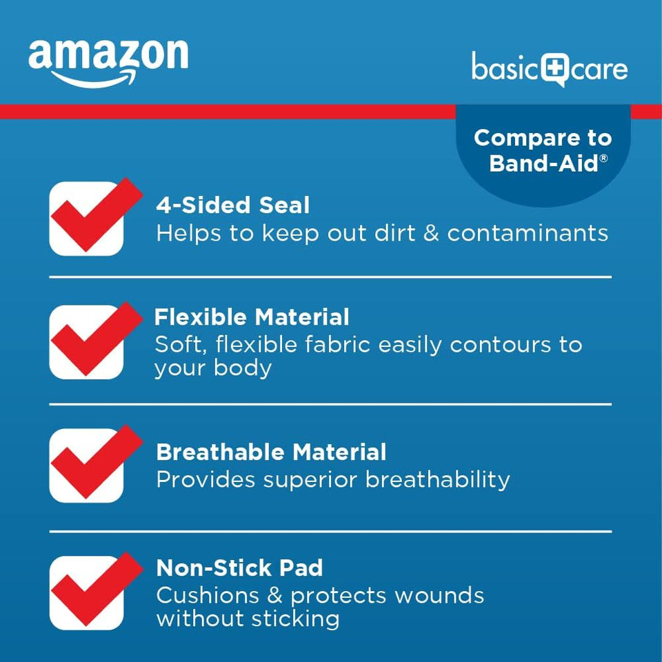 Amazon Basic Care Flexible Fabric Adhesive Bandages, First Aid for Wounds and Scrapes, Breathable First Aid Wound Care Supplies, Assorted Sizes, 100 Count