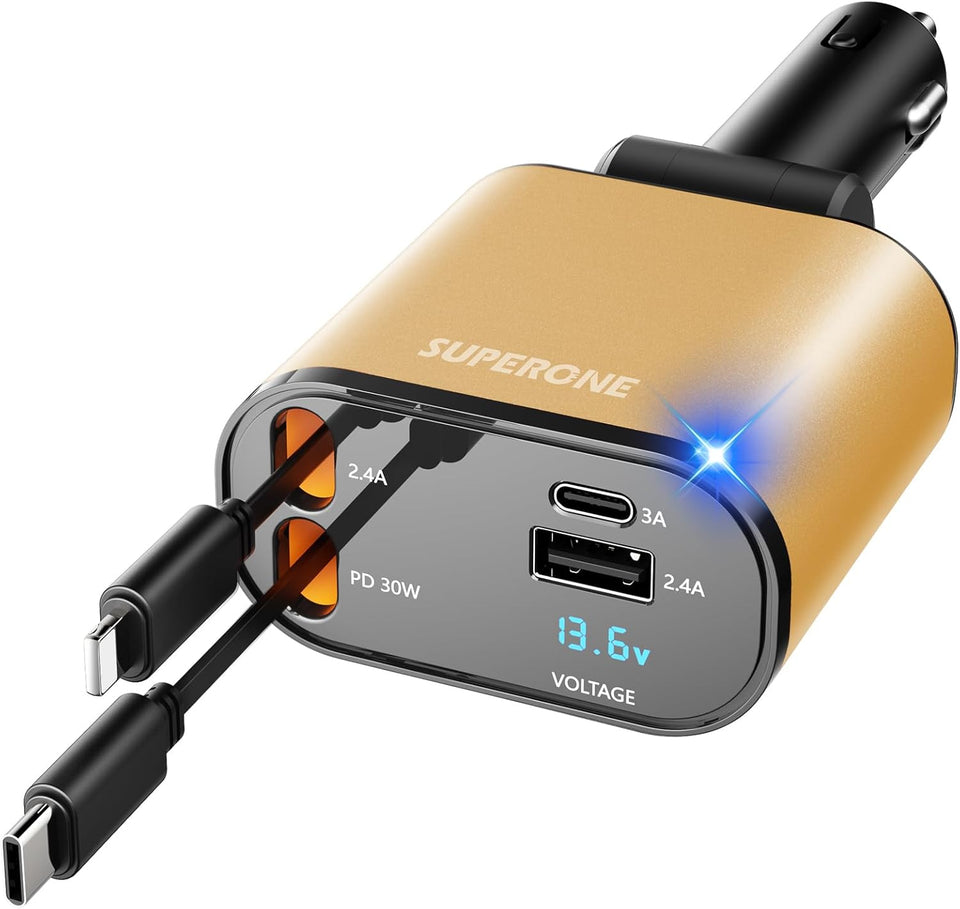 ‹ېUpgraded‹ÛÔ SUPERONE Retractable Car Charger 4 in 1, Fast Car Phone Charger with Cord 2.6ft, USB C and Apple Car Adapter, Compatible with iPhone 17 16 15/15 Pro Max/14/13/12/11, Galaxy, Pixel - PureLivingMart