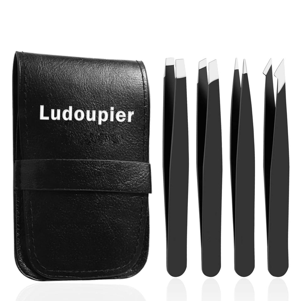 LUDOUPIER [4+1 Pieces] Tweezers Set with Travel Case, Great Precision Upgrade Professional Anti-rust Alloy Tweezers for Women & Men Multi-PLrpose as Eyebrows Facial Hair Ingrown Hair Removal