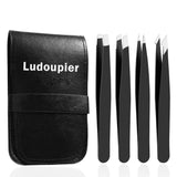 LUDOUPIER [4+1 Pieces] Tweezers Set with Travel Case, Great Precision Upgrade Professional Anti-rust Alloy Tweezers for Women & Men Multi-PLrpose as Eyebrows Facial Hair Ingrown Hair Removal