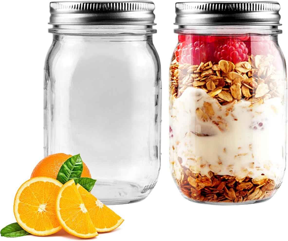 2 Pack Regular Mouth Mason Jars 16oz Glass Canning Jars with Airtight Lids