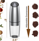 Gravity Electric Salt and Pepper Grinder Set, Adjustable Coarseness, Automatic Shakers Mill Grinder with LED Light, Upgraded Larger Capacity, One Hand Operated (Sliver 2 Pack)