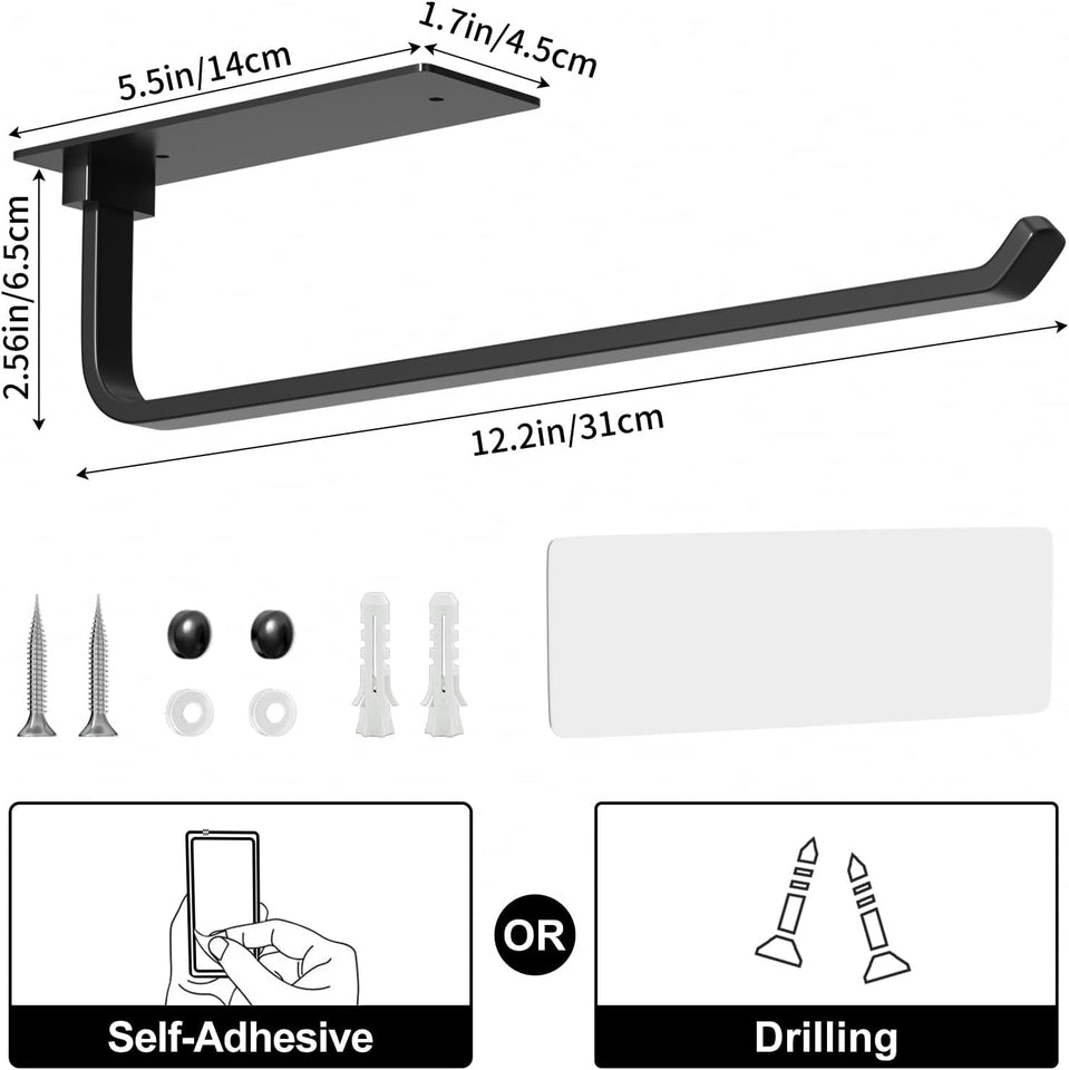 Paper Towel Holder - Self-Adhesive or Drilling, Matte Black, Upgraded Aluminum Kitchen Roll Dispenser Under Cabinet, Lighter but Stronger Than Stainless Steel!