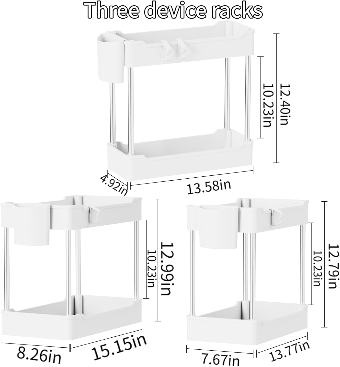 3 Pack Under Sink Organizer, 2 Tier Bathroom Cabinet with Hanging Cups, White, Kitchen & Bathroom Storage
