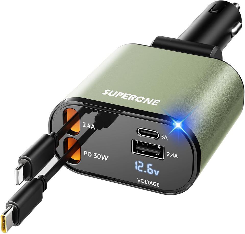 ‹ېUpgraded‹ÛÔ SUPERONE Retractable Car Charger 4 in 1, Fast Car Phone Charger with Cord 2.6ft, USB C and Apple Car Adapter, Compatible with iPhone 17 16 15/15 Pro Max/14/13/12/11, Galaxy, Pixel - PureLivingMart